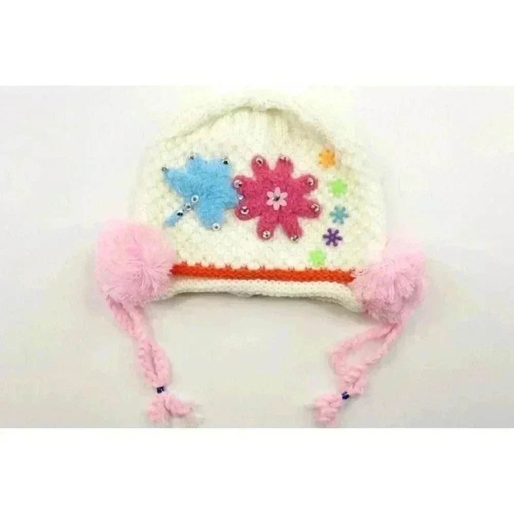 HAND knitted girl hat with knitted applique with beads for 3-6 year old. NEW.